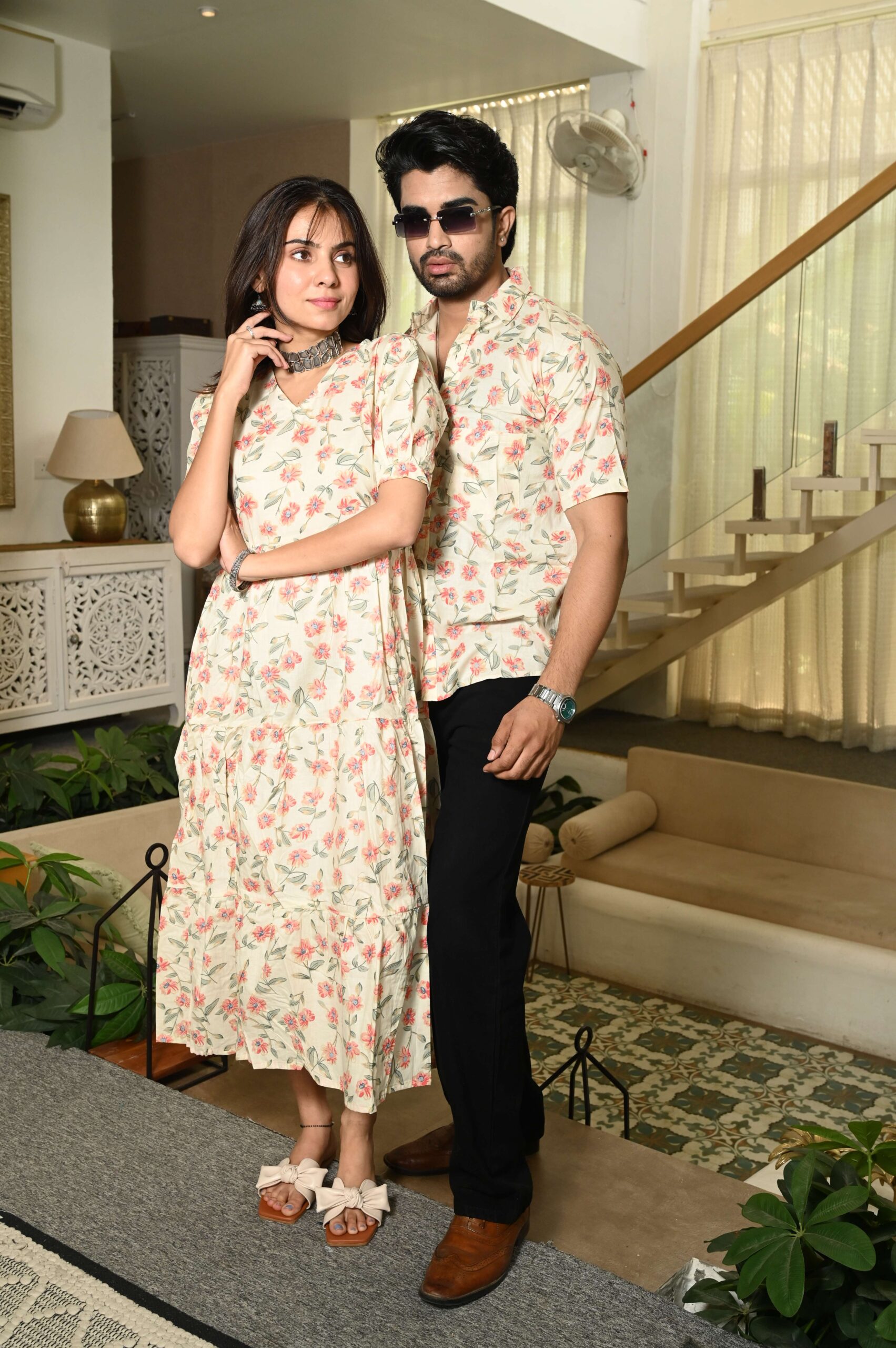 Couple Matching Cream floral Cotton Printed Anarkali Midi Dress & Shirt Set ? Casual & Festive Wear – E – Mart Bazar