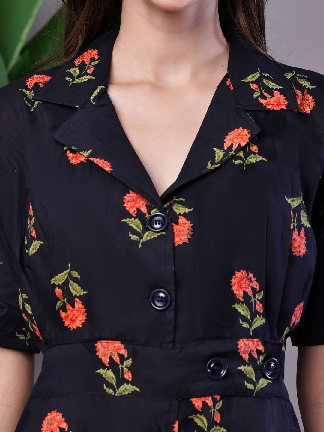 Women's Elegant Indigo & Orange Floral Block Print Cotton Shirt Dress - Image 5