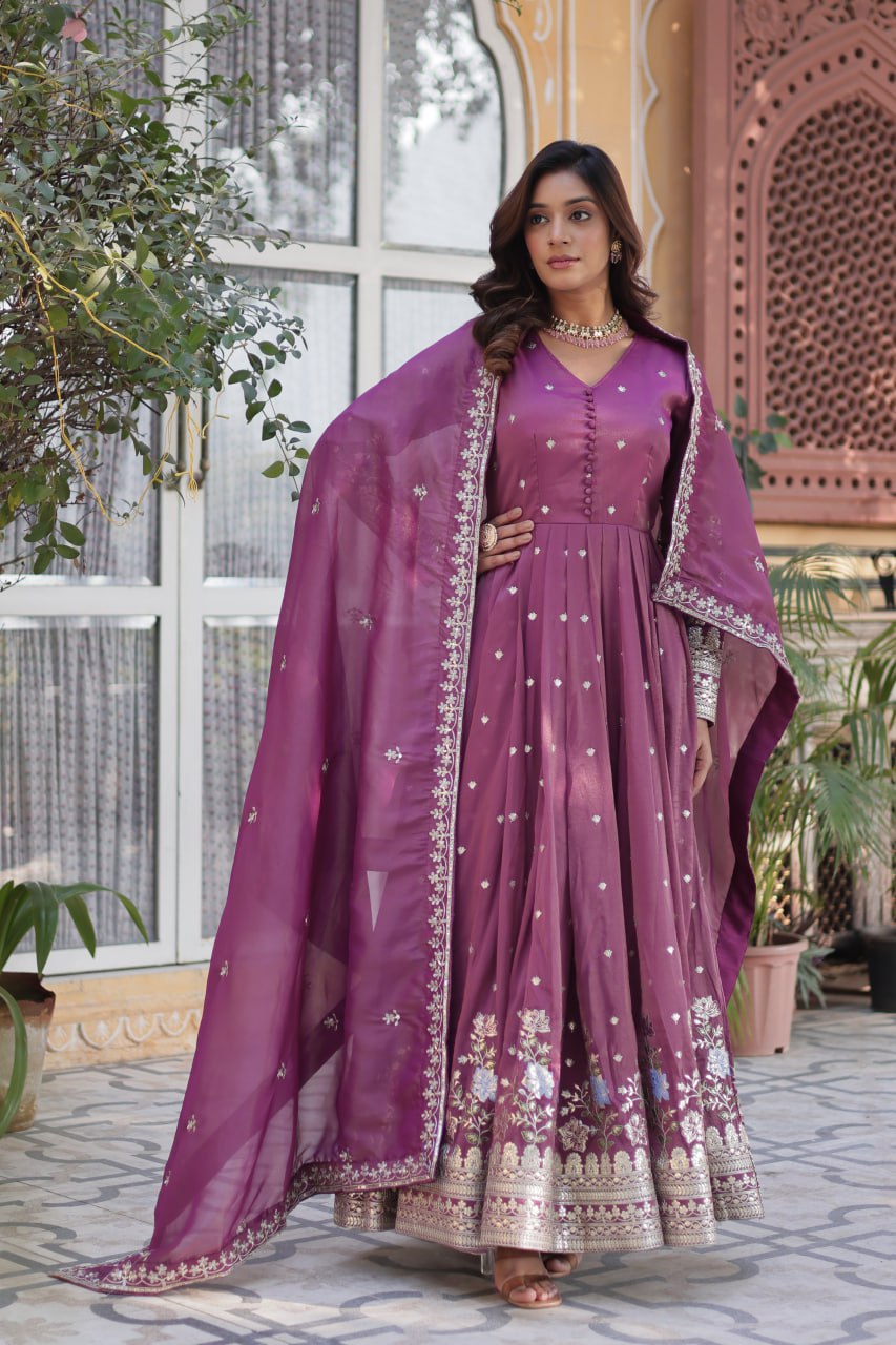 Women's Festive Rust Red Anarkali Gown with Intricate Silver Zari & Sequin Embroidery – Complete with Embroidered Dupatta - Image 6
