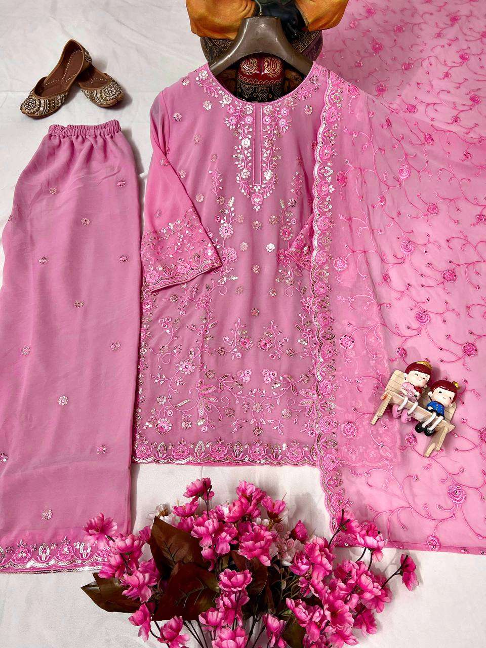 Women's Faux Georgette Embroidery work Straight Kurti With Pant and Dupatta Set - Image 7
